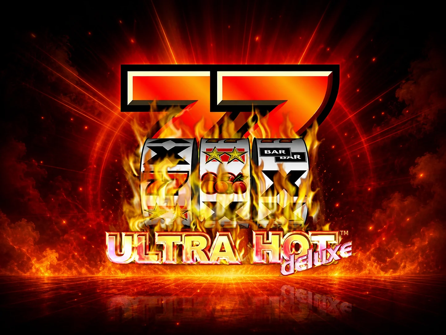 Ultra Hot Deluxe Spieloberfläche mit drei Walzen, Einsatzfeld für 10-1000 Coins, Autoplay-Button und Jackpot-Anzeige